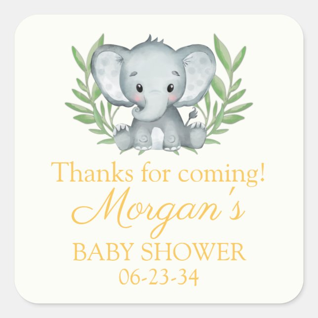 Greenery Elephant Yellow Neutral Baby Shower Square Sticker (Front)