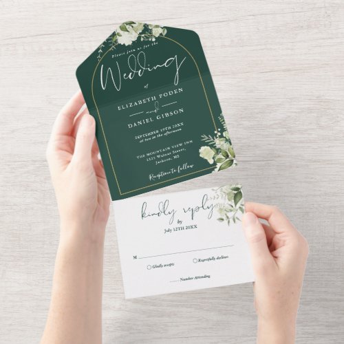 Greenery Emerald Green And Gold Arch Wedding All In One Invitation