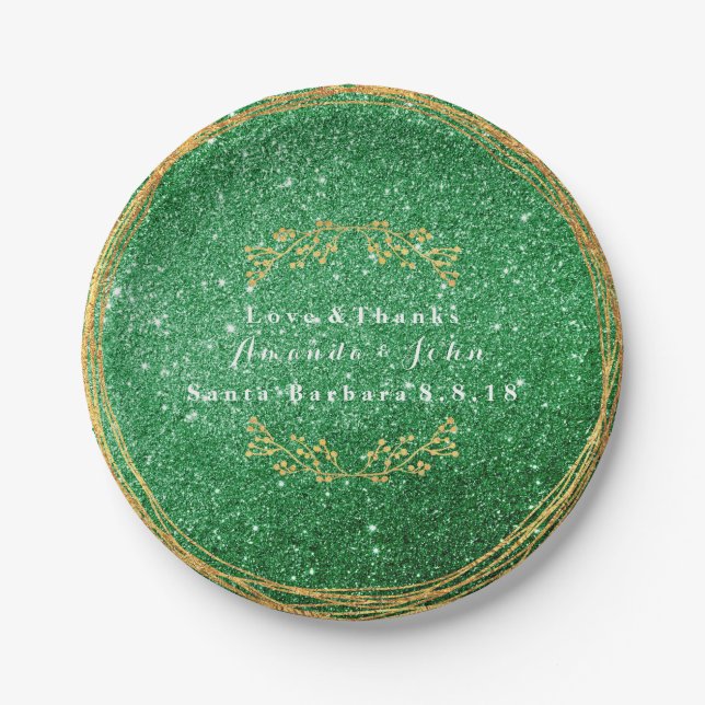 Greenery Emerald Green Gold Floral Glitter VIP Paper Plates (Front)