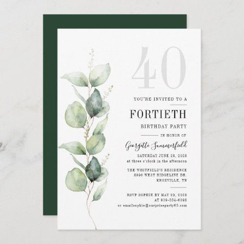 Greenery Eucalyptus 40th Birthday Party Invitation