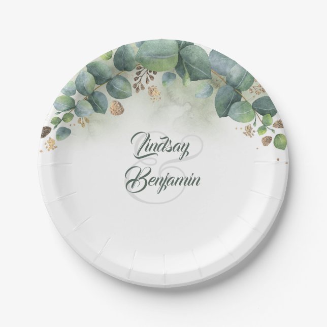 Greenery - Eucalyptus and Gold Leaves Wedding Paper Plates (Front)