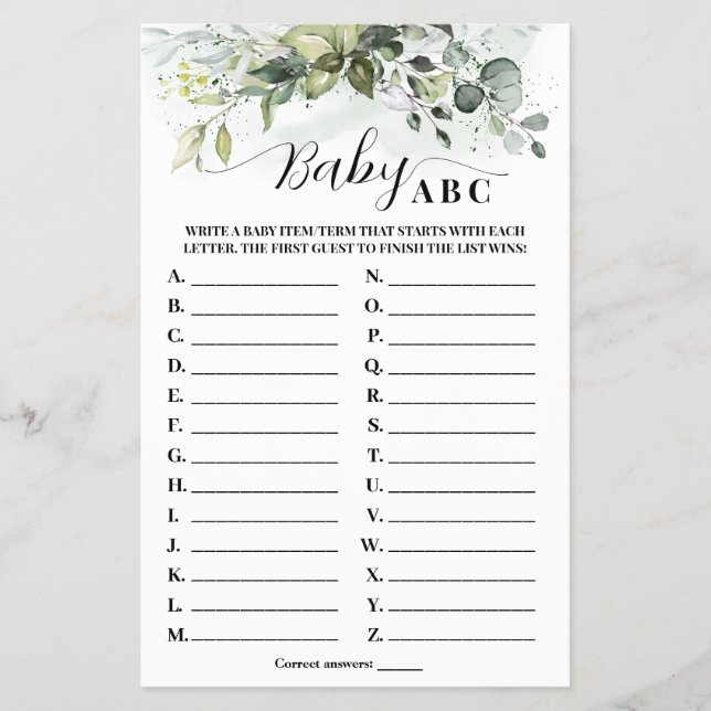 Greenery Eucalyptus Baby ABC Baby Shower Game Card Flyer (Front)