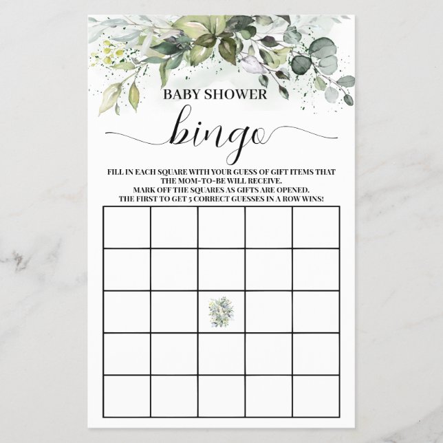 Greenery Eucalyptus Baby Shower Bingo Game card Flyer (Front)