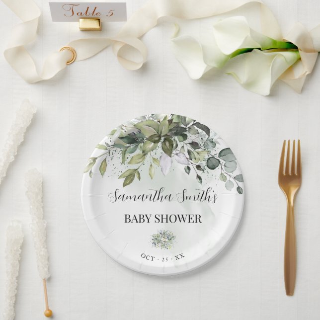 Greenery Eucalyptus Baby Shower Round Paper Plates (Wedding)