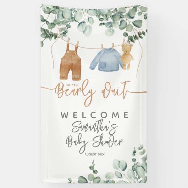 Greenery eucalyptus Bearly wait Baby Shower Welcom Banner (Vertical)