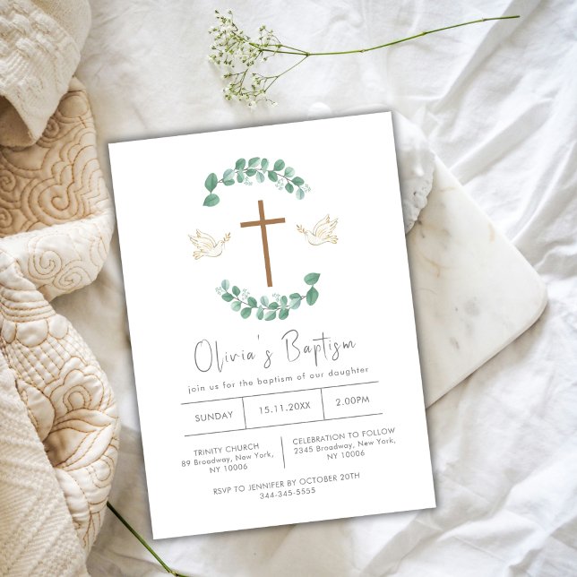 Greenery Eucalyptus Bird Cross Christening Baptism Invitation (Greenery Eucalyptus Bird Cross Christening Baptism Invitation)