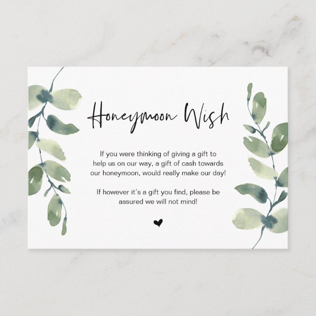 Greenery Eucalyptus, Black Font, Honeymoon Wish En Enclosure Card (Front)