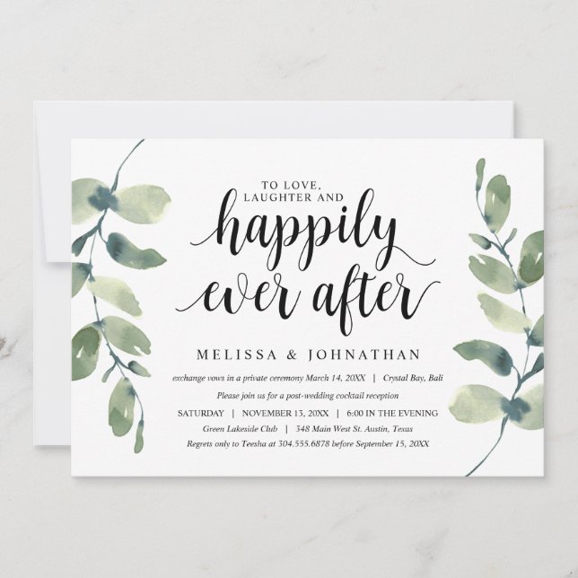 Greenery Eucalyptus,  Black Ink, Wedding Elopement Invitation (Front)
