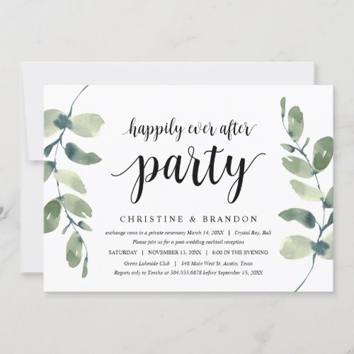 Greenery Eucalyptus  Black Ink Wedding Elopement Invitation