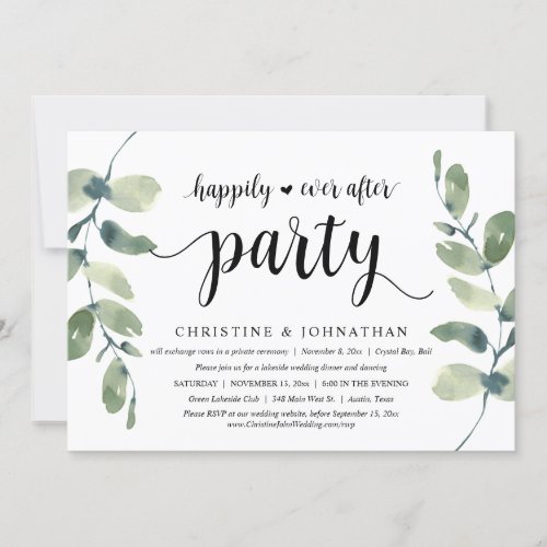 Greenery Eucalyptus  Black Ink Wedding Elopement Invitation