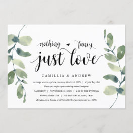 Greenery Eucalyptus, Black Ink, Wedding Elopement Invitation