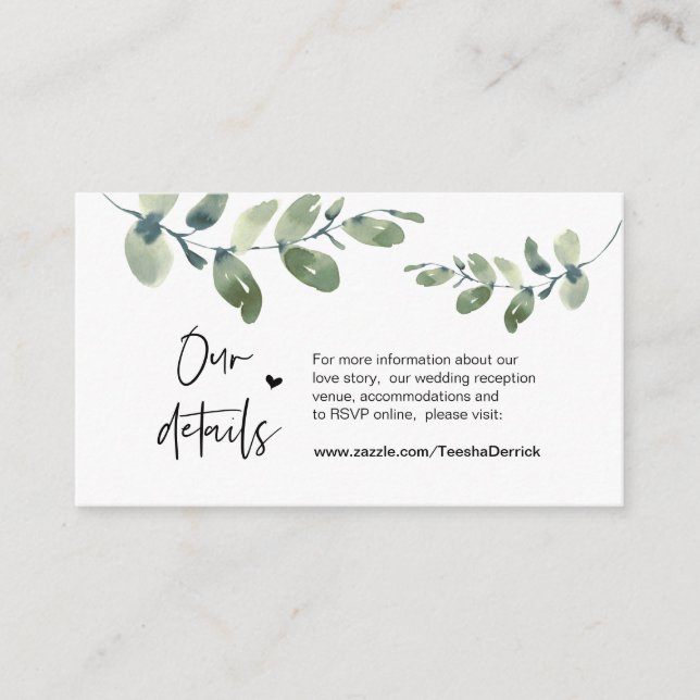 Greenery Eucalyptus,, Black, Wedding Details Enclosure Card (Front)