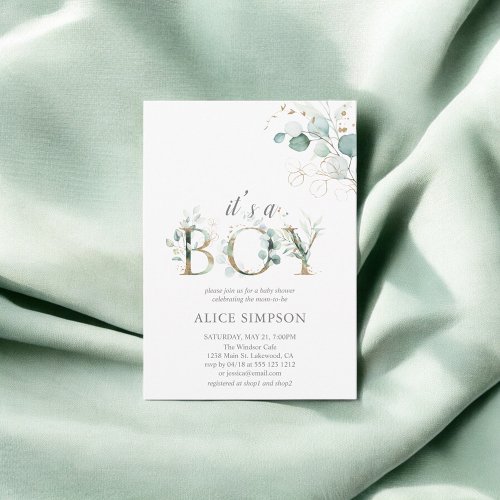 Greenery Eucalyptus Botanical Boy Baby Shower Invitation