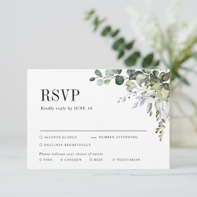 Greenery Eucalyptus Botanical Elegant Wedding  RSVP Card (Standing Front)