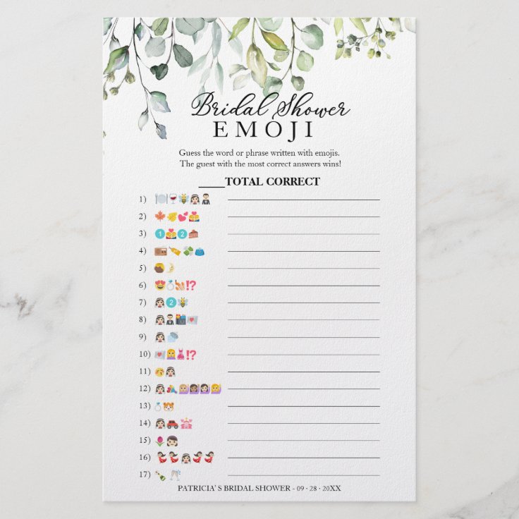 Greenery Eucalyptus Bridal Shower Emoji Pictionary Flyer | Zazzle