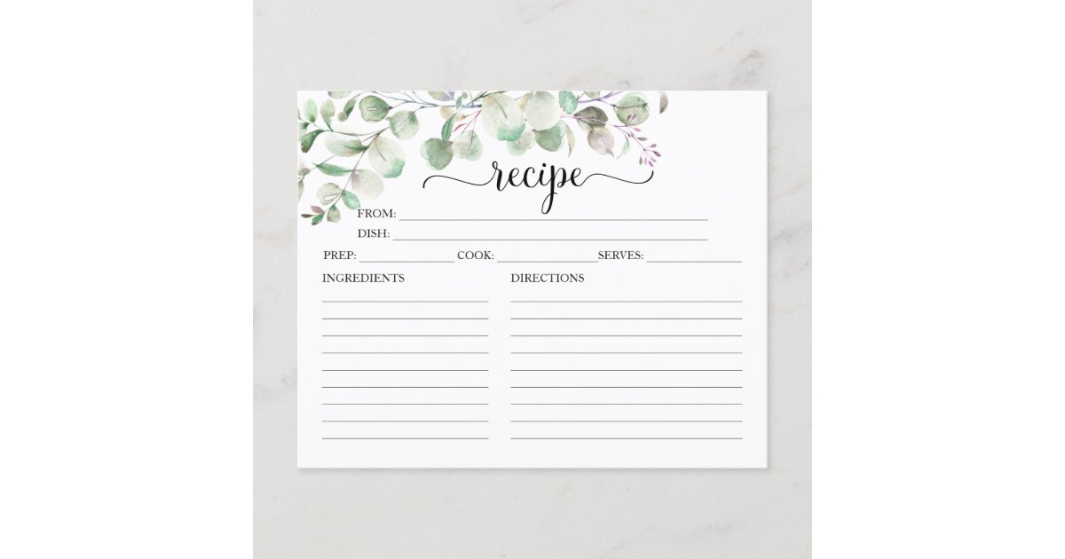 Greenery Eucalyptus Bridal Shower Recipe Cards Zazzle