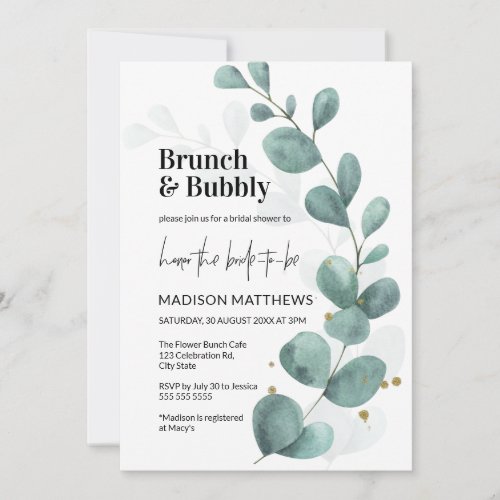 Greenery Eucalyptus Brunch  Bubbly Bridal Shower  Invitation