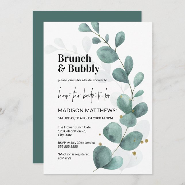 Greenery Eucalyptus Brunch & Bubbly Bridal Shower  Invitation (Front/Back)