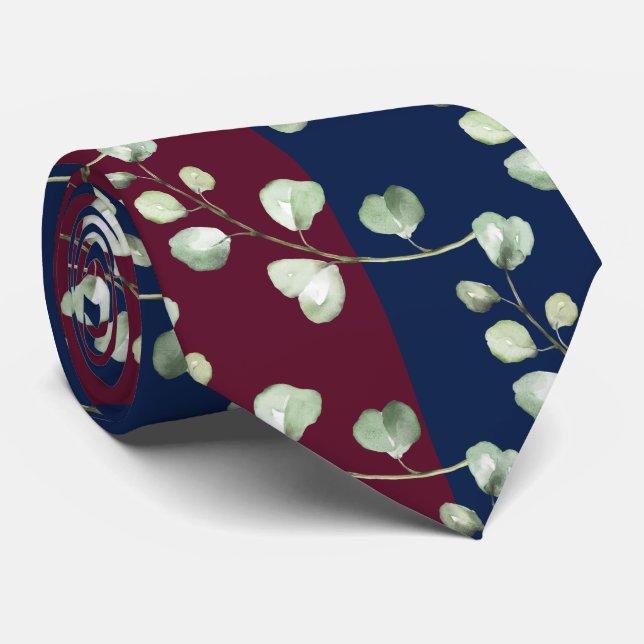 Greenery Eucalyptus Burgundy Navy Wedding Neck Tie (Rolled)