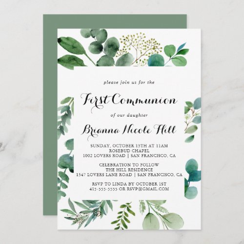 Greenery Eucalyptus Calligraphy First Communion Invitation