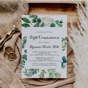 Greenery Eucalyptus Calligraphy First Communion Invitation