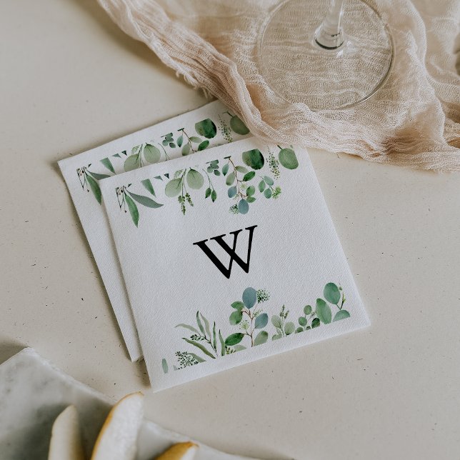 Greenery Eucalyptus Calligraphy Monogram Wedding Napkins (Creator Uploaded)
