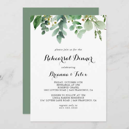 Greenery Eucalyptus Calligraphy Rehearsal Dinner Invitation