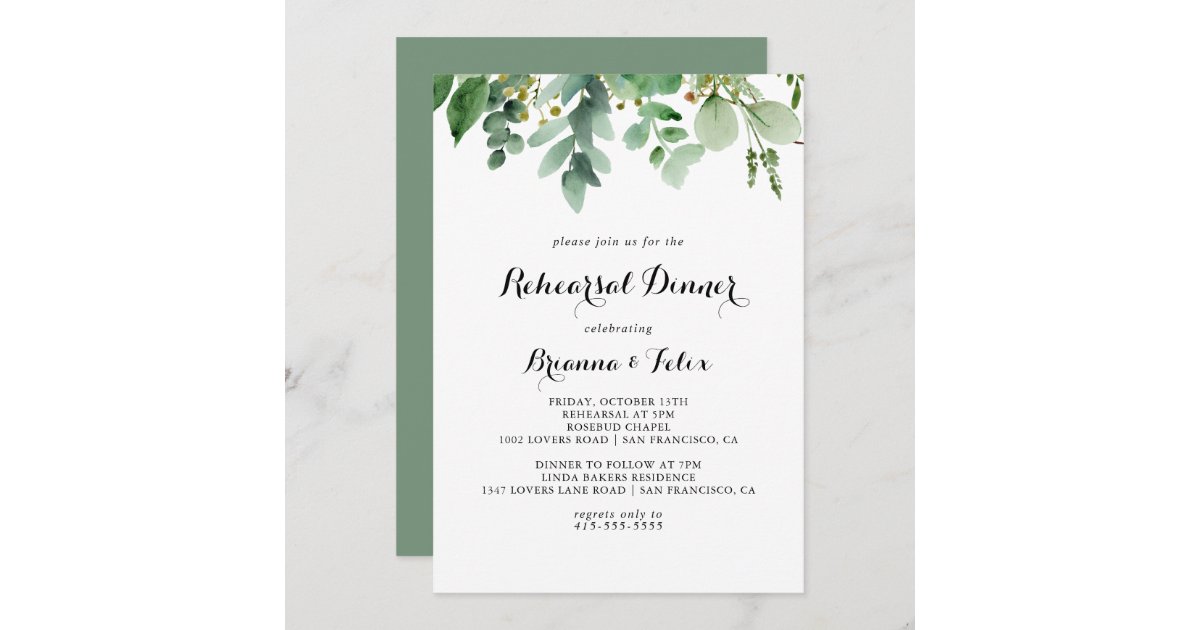 Greenery Eucalyptus Calligraphy Rehearsal Dinner Invitation | Zazzle