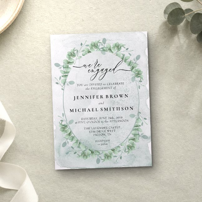 Greenery Eucalyptus Calligraphy Signature Engaged Invitation
