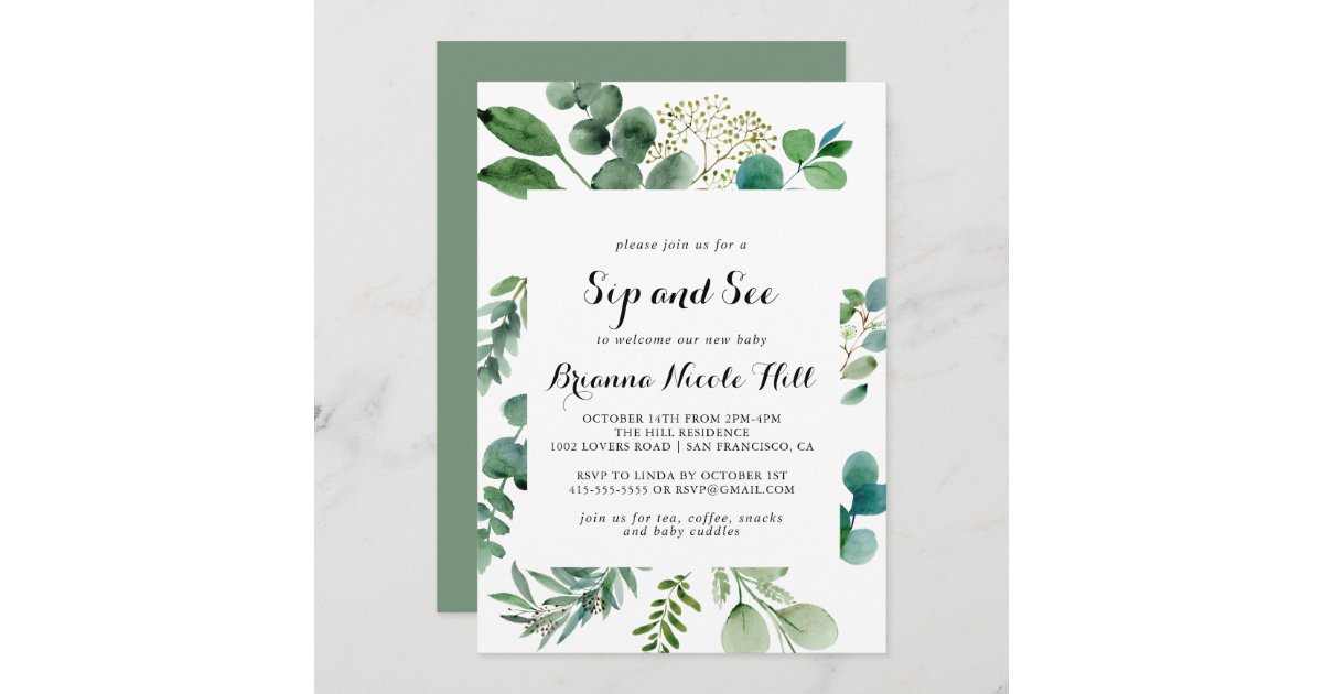 Greenery Eucalyptus Calligraphy Sip And See Invitation 