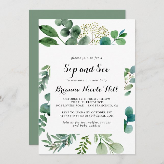Greenery Eucalyptus Calligraphy Sip and See Invitation (Front/Back)