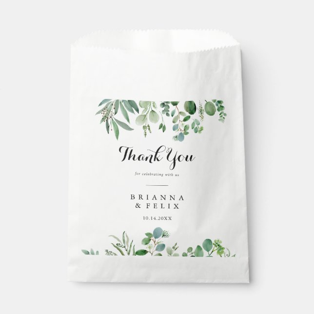 Greenery Eucalyptus Calligraphy Thank You Wedding Favor Bag (Front)