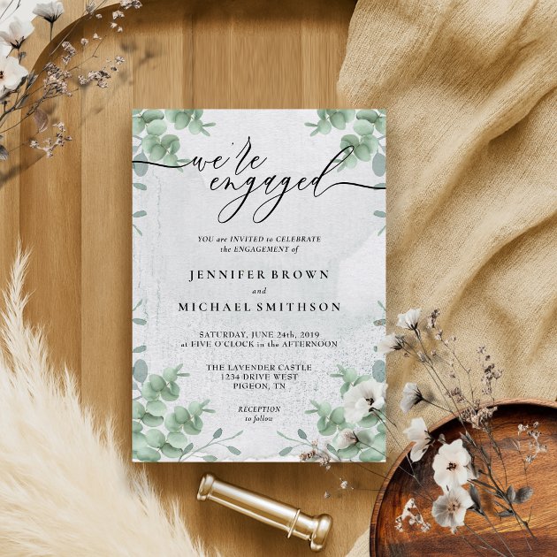 Greenery Eucalyptus Calligraphy We are engaged Invitation