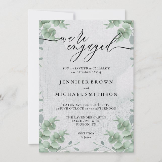 Greenery Eucalyptus Calligraphy We are engaged Invitation (Front)