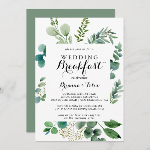 Greenery Eucalyptus Calligraphy Wedding Breakfast Invitation