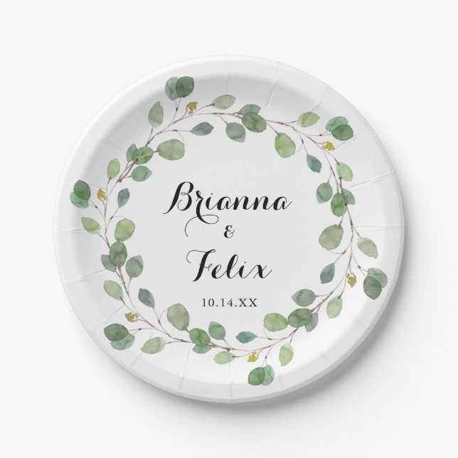 Greenery Eucalyptus Calligraphy Wedding Cake Paper Plates (Front)