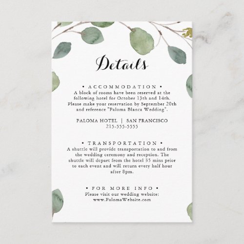 Greenery Eucalyptus Calligraphy Wedding Details Enclosure Card