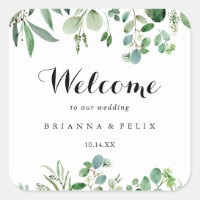 Greenery Eucalyptus Calligraphy Wedding Welcome Square Sticker