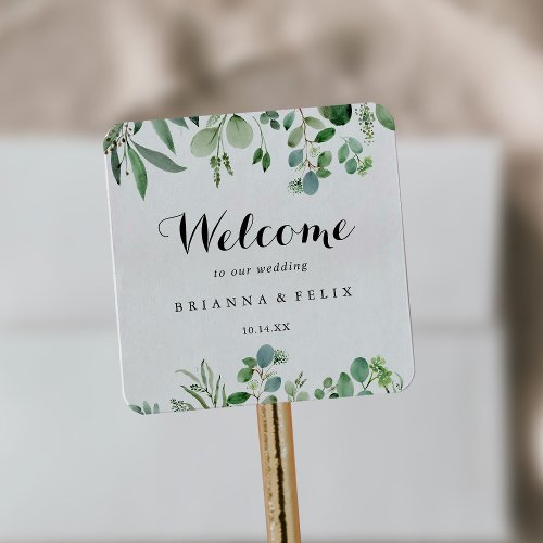 Greenery Eucalyptus Calligraphy Wedding Welcome Square Sticker