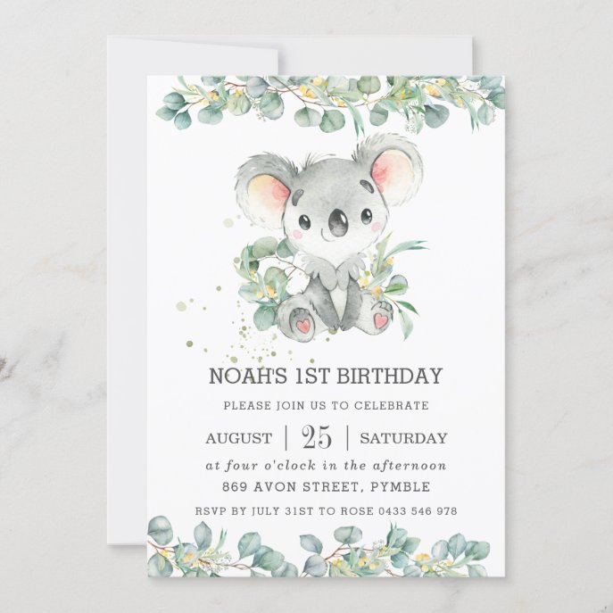 Greenery Eucalyptus Cute Koala Birthday Invitation