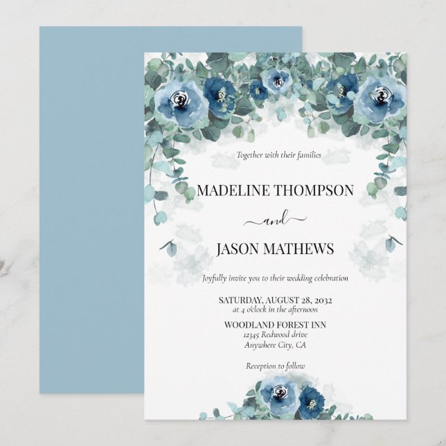 Greenery Eucalyptus Dusty blue Floral 2 Wedding Invitation (Front/Back)