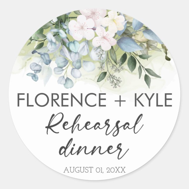 Greenery Eucalyptus Elegant Dusty Rehearsal Dinner Classic Round Sticker (Front)