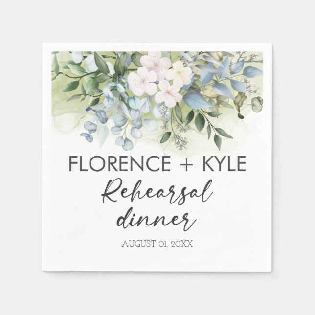 Greenery Eucalyptus Elegant Dusty Rehearsal Dinner Napkins (Front)