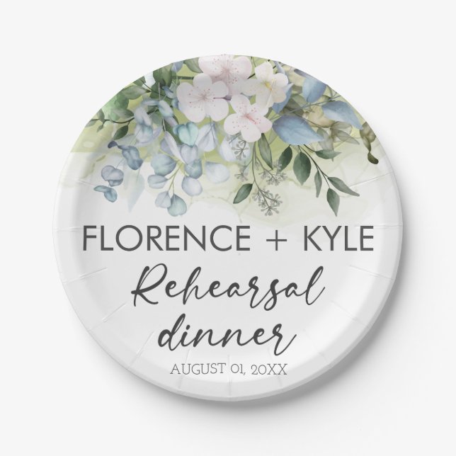 Greenery Eucalyptus Elegant Dusty Rehearsal Dinner Paper Plates (Front)