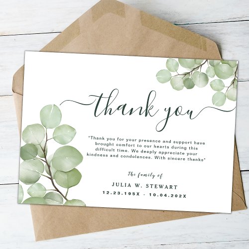 Greenery Eucalyptus Elegant Funeral Thank You Note Card