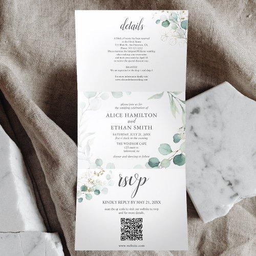 Greenery Eucalyptus Elegant QR Code Wedding Tri_Fold Invitation
