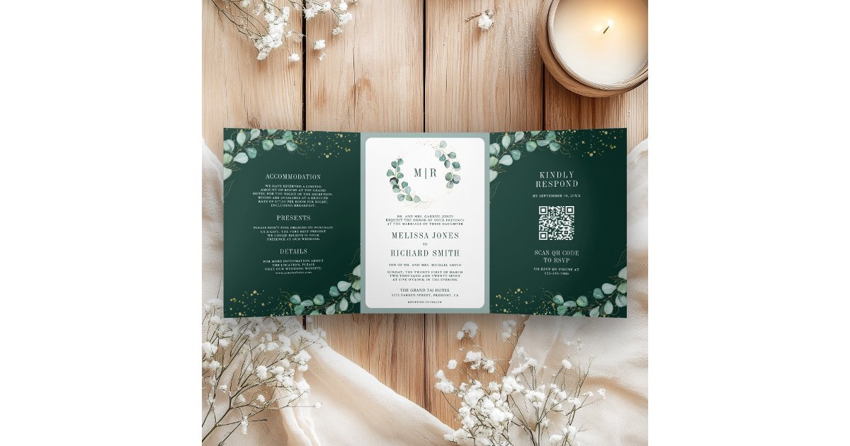 Greenery Eucalyptus Emerald Green QR Code Wedding Tri-Fold Invitation ...
