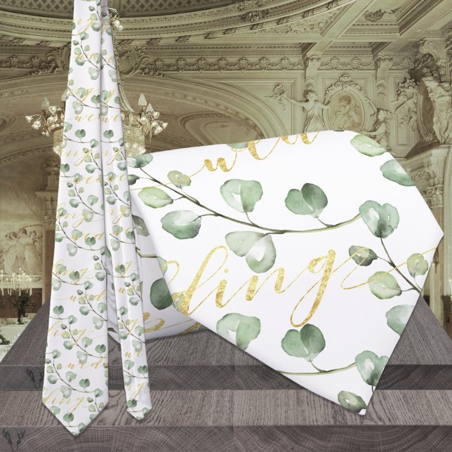 Greenery Eucalyptus & Fancy Gold Writing Wedding Neck Tie (Creator Uploaded)