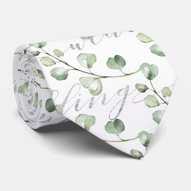 Greenery Eucalyptus & Fancy Silver Writing Wedding Neck Tie (Rolled)