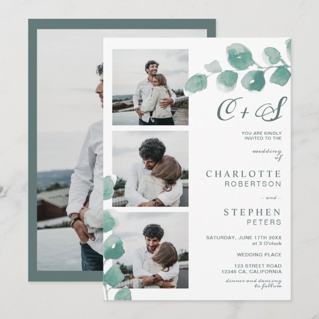 Greenery eucalyptus floral initials photos wedding invitation (Front/Back)